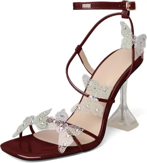 Joseywade Butterfly Heels Heeled Sandals Rhinestone Crystal Butterflies Heels Open Toe Clear Spool High Heels 4 Inch Women's Shoes