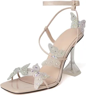 Joseywade Butterfly Heels Heeled Sandals Rhinestone Crystal Butterflies Heels Open Toe Clear Spool High Heels 4 Inch Women's Shoes