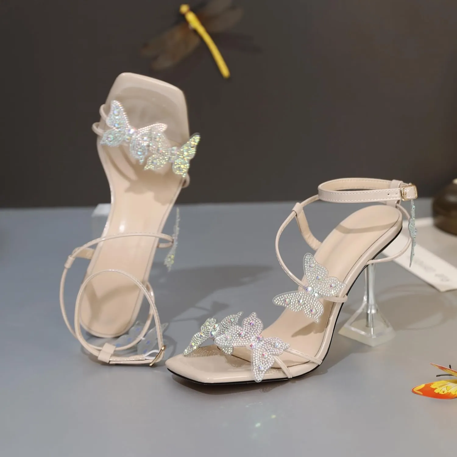 Joseywade Butterfly Heels Heeled Sandals Rhinestone Crystal Butterflies Heels Open Toe Clear Spool High Heels 4 Inch Women's Shoes