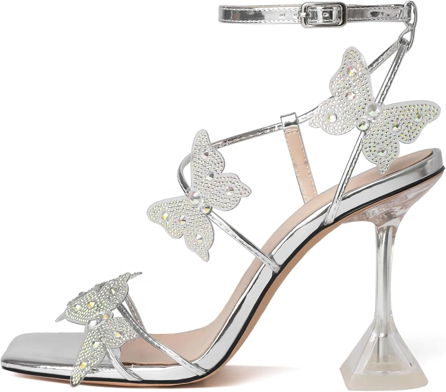 Joseywade Butterfly Heels Heeled Sandals Rhinestone Crystal Butterflies Heels Open Toe Clear Spool High Heels 4 Inch Women's Shoes