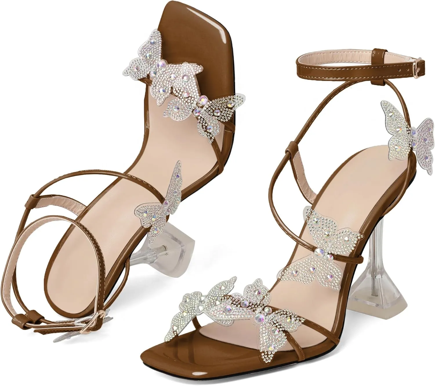 Joseywade Butterfly Heels Heeled Sandals Rhinestone Crystal Butterflies Heels Open Toe Clear Spool High Heels 4 Inch Women's Shoes