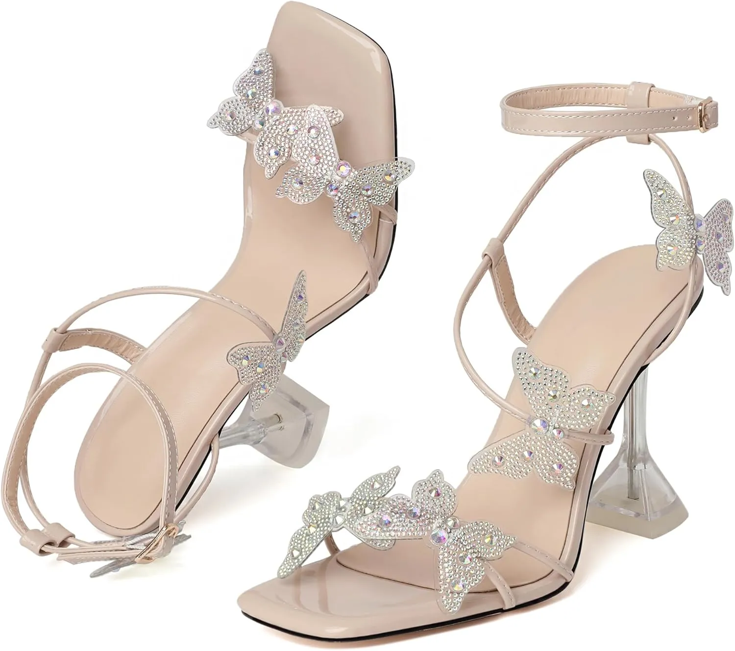 Joseywade Butterfly Heels Heeled Sandals Rhinestone Crystal Butterflies Heels Open Toe Clear Spool High Heels 4 Inch Women's Shoes