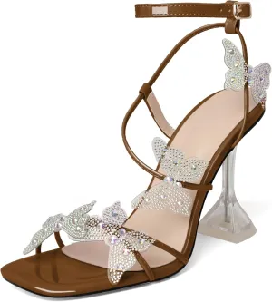 Joseywade Butterfly Heels Heeled Sandals Rhinestone Crystal Butterflies Heels Open Toe Clear Spool High Heels 4 Inch Women's Shoes