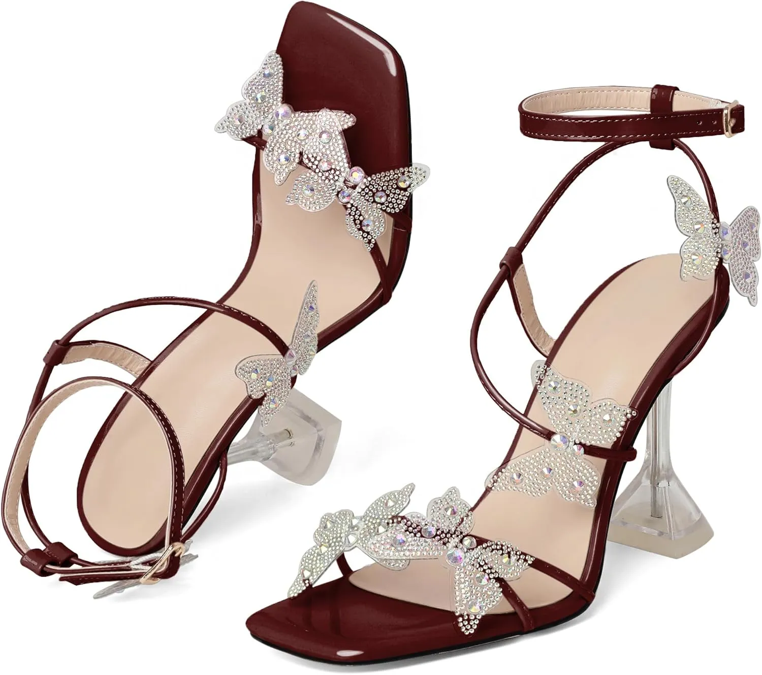 Joseywade Butterfly Heels Heeled Sandals Rhinestone Crystal Butterflies Heels Open Toe Clear Spool High Heels 4 Inch Women's Shoes