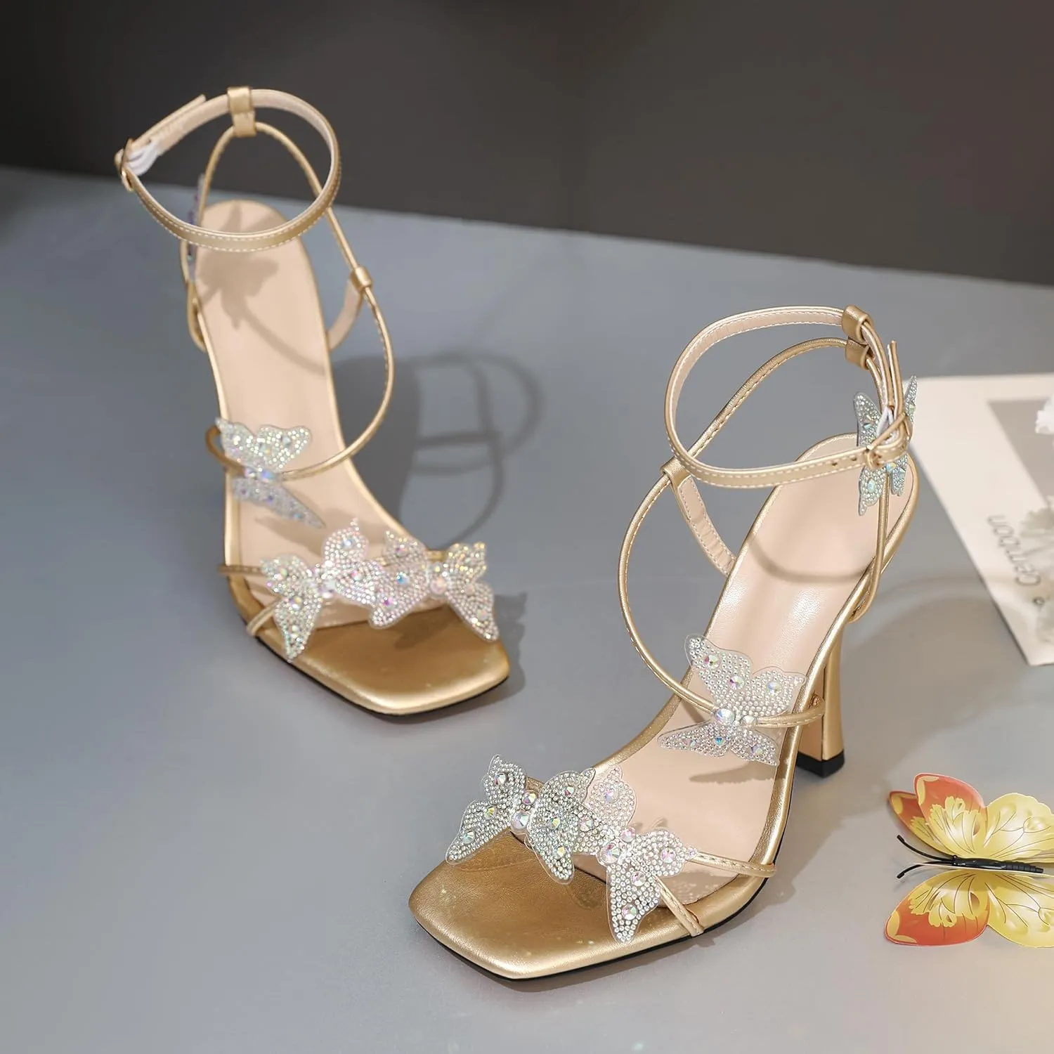 Joseywade Butterfly Heels: Rhinestone Butterflies Open Toe Stilettos High Heels 4.5 Inch Women's Shoes