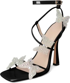 Joseywade Butterfly Heels: Rhinestone Butterflies Open Toe Stilettos High Heels 4.5 Inch Women's Shoes