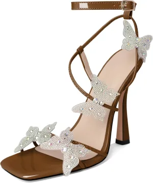 Joseywade Butterfly Heels: Rhinestone Butterflies Open Toe Stilettos High Heels 4.5 Inch Women's Shoes