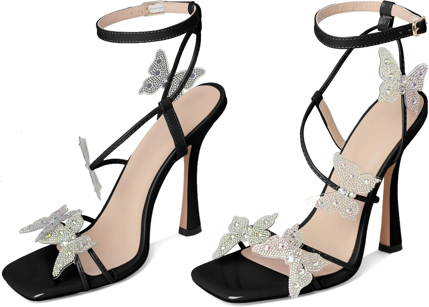 Joseywade Butterfly Heels: Rhinestone Butterflies Open Toe Stilettos High Heels 4.5 Inch Women's Shoes