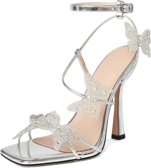 Joseywade Butterfly Heels: Rhinestone Butterflies Open Toe Stilettos High Heels 4.5 Inch Women's Shoes