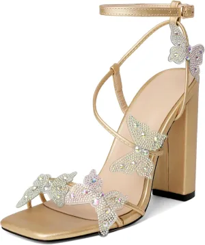 Joseywade Butterfly Heels Sandals Rhinestone Crystal Butterflies Heels Open Square Toe Chunky Block High Heeled 4 Inch Women's Ankle Strap Shoes