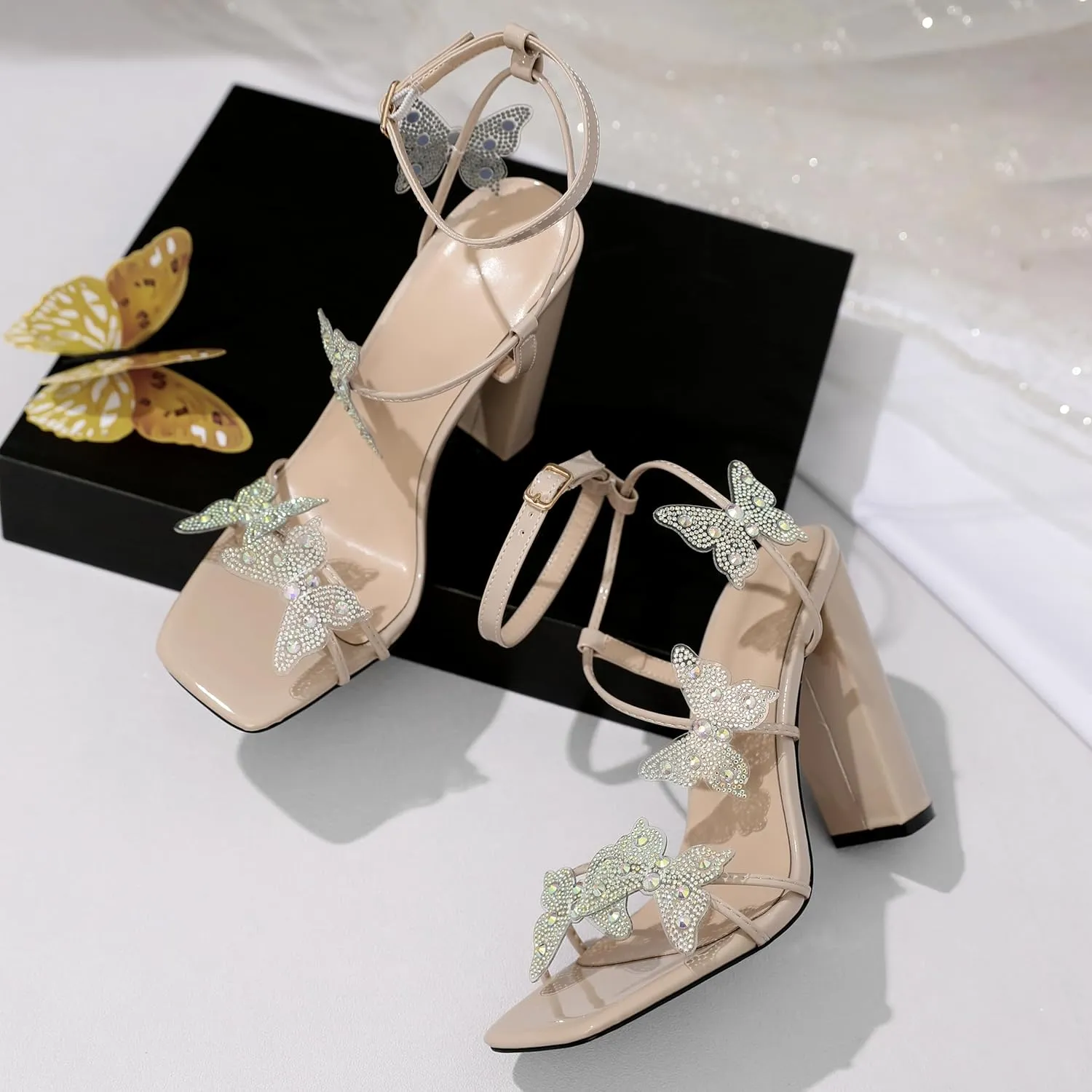 Joseywade Butterfly Heels Sandals Rhinestone Crystal Butterflies Heels Open Square Toe Chunky Block High Heeled 4 Inch Women's Ankle Strap Shoes