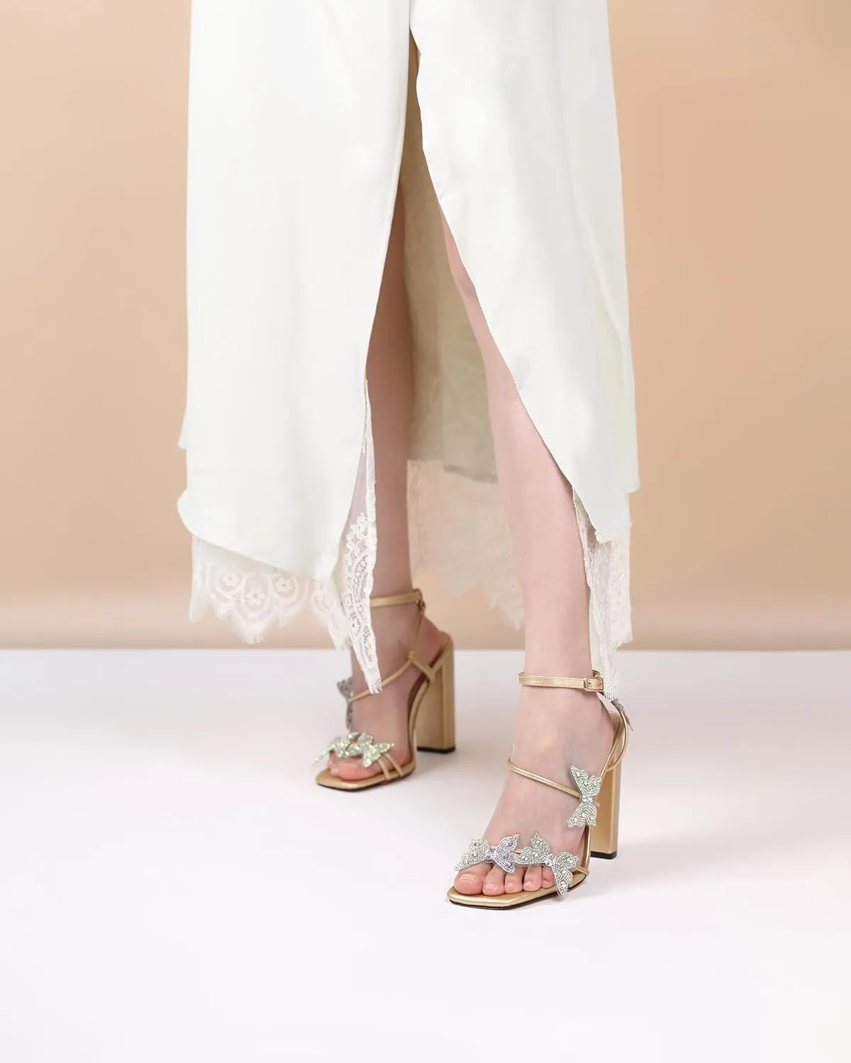 Joseywade Butterfly Heels Sandals Rhinestone Crystal Butterflies Heels Open Square Toe Chunky Block High Heeled 4 Inch Women's Ankle Strap Shoes