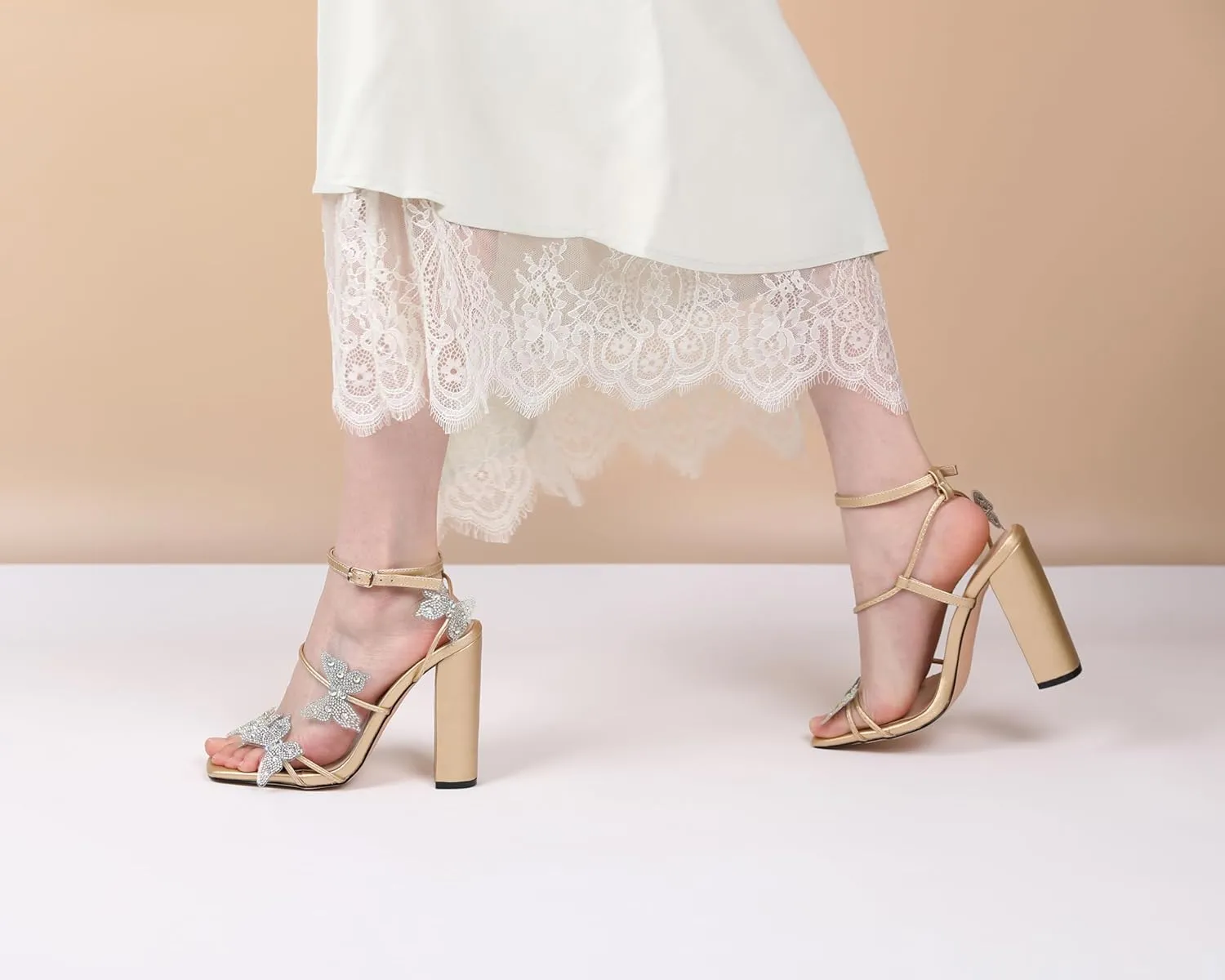 Joseywade Butterfly Heels Sandals Rhinestone Crystal Butterflies Heels Open Square Toe Chunky Block High Heeled 4 Inch Women's Ankle Strap Shoes