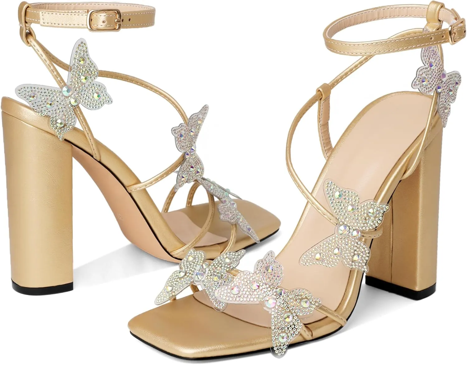 Joseywade Butterfly Heels Sandals Rhinestone Crystal Butterflies Heels Open Square Toe Chunky Block High Heeled 4 Inch Women's Ankle Strap Shoes