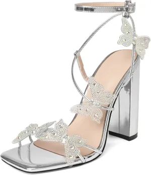 Joseywade Butterfly Heels Sandals Rhinestone Crystal Butterflies Heels Open Square Toe Chunky Block High Heeled 4 Inch Women's Ankle Strap Shoes