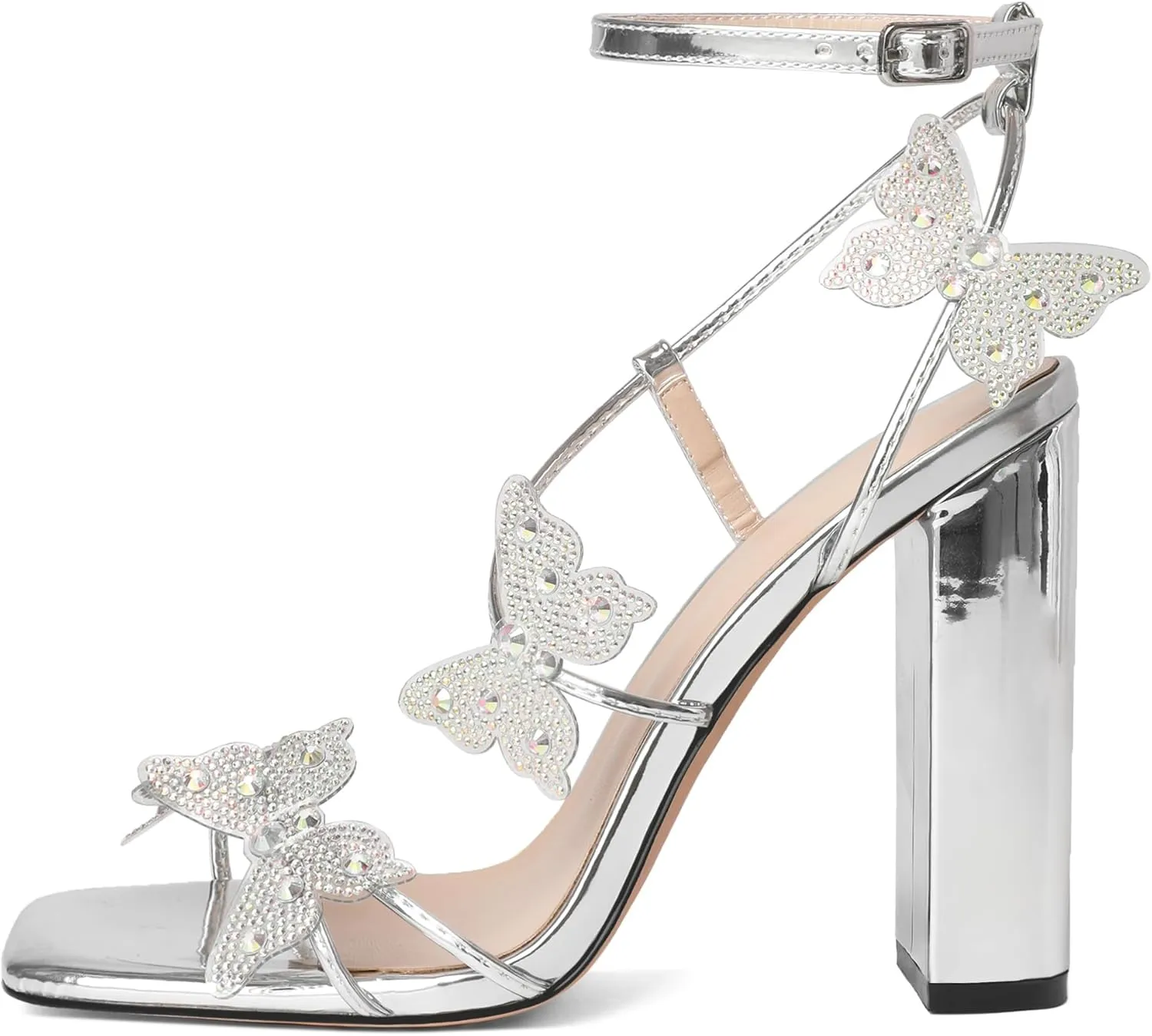 Joseywade Butterfly Heels Sandals Rhinestone Crystal Butterflies Heels Open Square Toe Chunky Block High Heeled 4 Inch Women's Ankle Strap Shoes