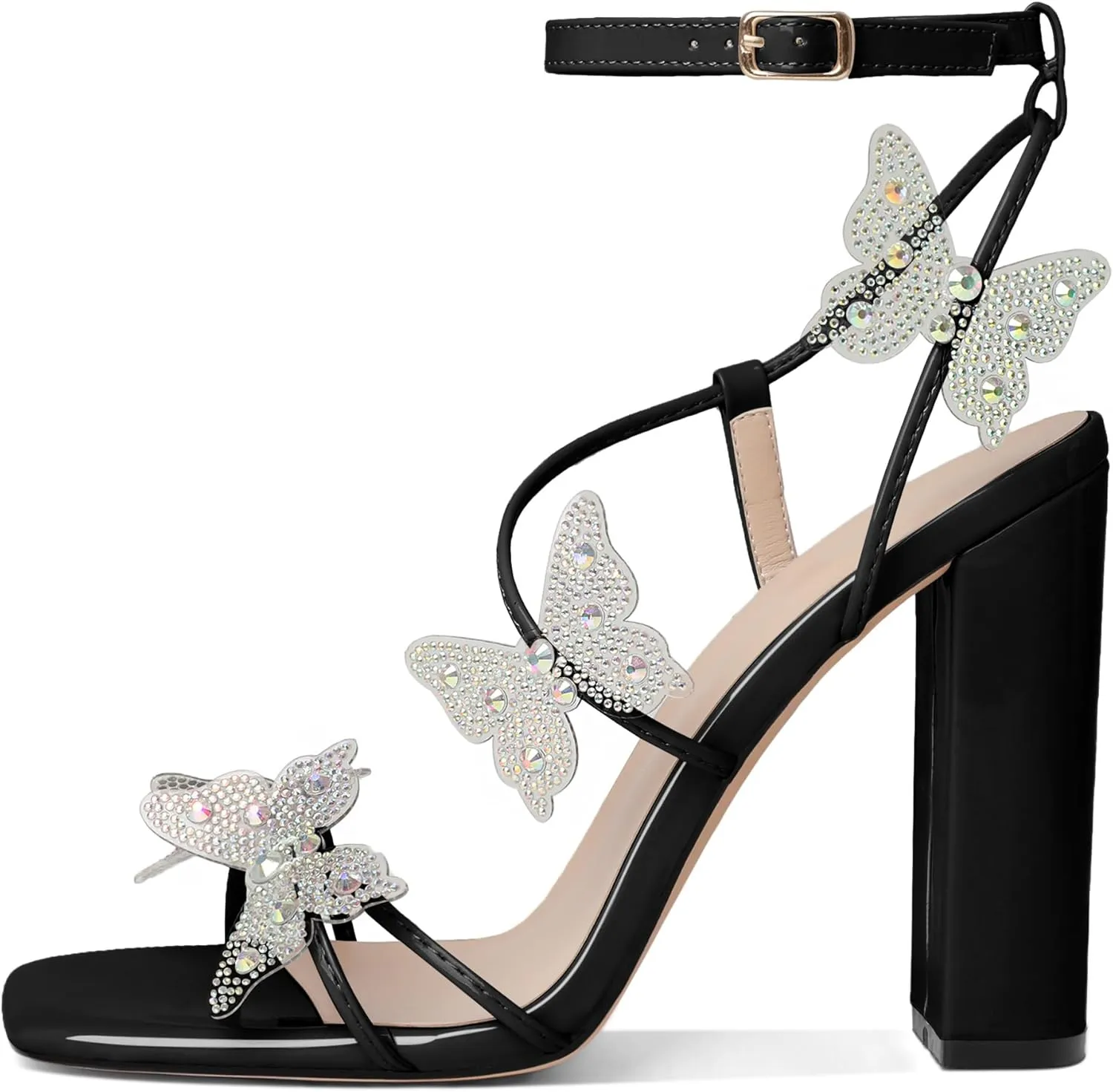Joseywade Butterfly Heels Sandals Rhinestone Crystal Butterflies Heels Open Square Toe Chunky Block High Heeled 4 Inch Women's Ankle Strap Shoes