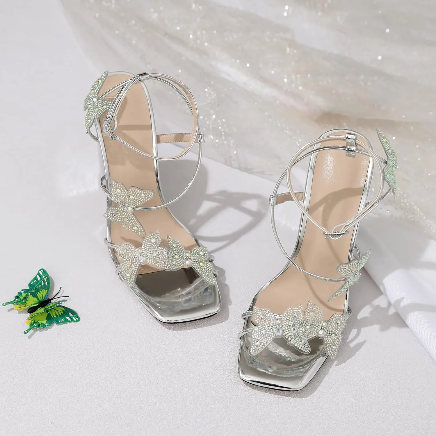 Joseywade Butterfly Heels Sandals Rhinestone Crystal Butterflies Heels Open Square Toe Chunky Block High Heeled 4 Inch Women's Ankle Strap Shoes