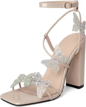 Joseywade Butterfly Heels Sandals Rhinestone Crystal Butterflies Heels Open Square Toe Chunky Block High Heeled 4 Inch Women's Ankle Strap Shoes