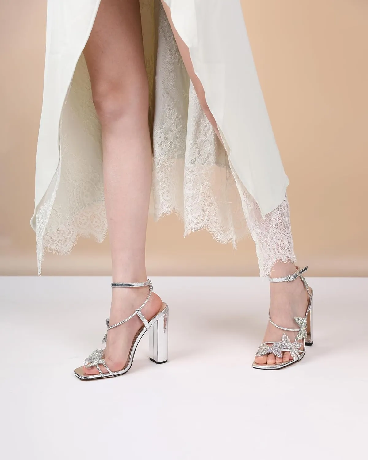 Joseywade Butterfly Heels Sandals Rhinestone Crystal Butterflies Heels Open Square Toe Chunky Block High Heeled 4 Inch Women's Ankle Strap Shoes