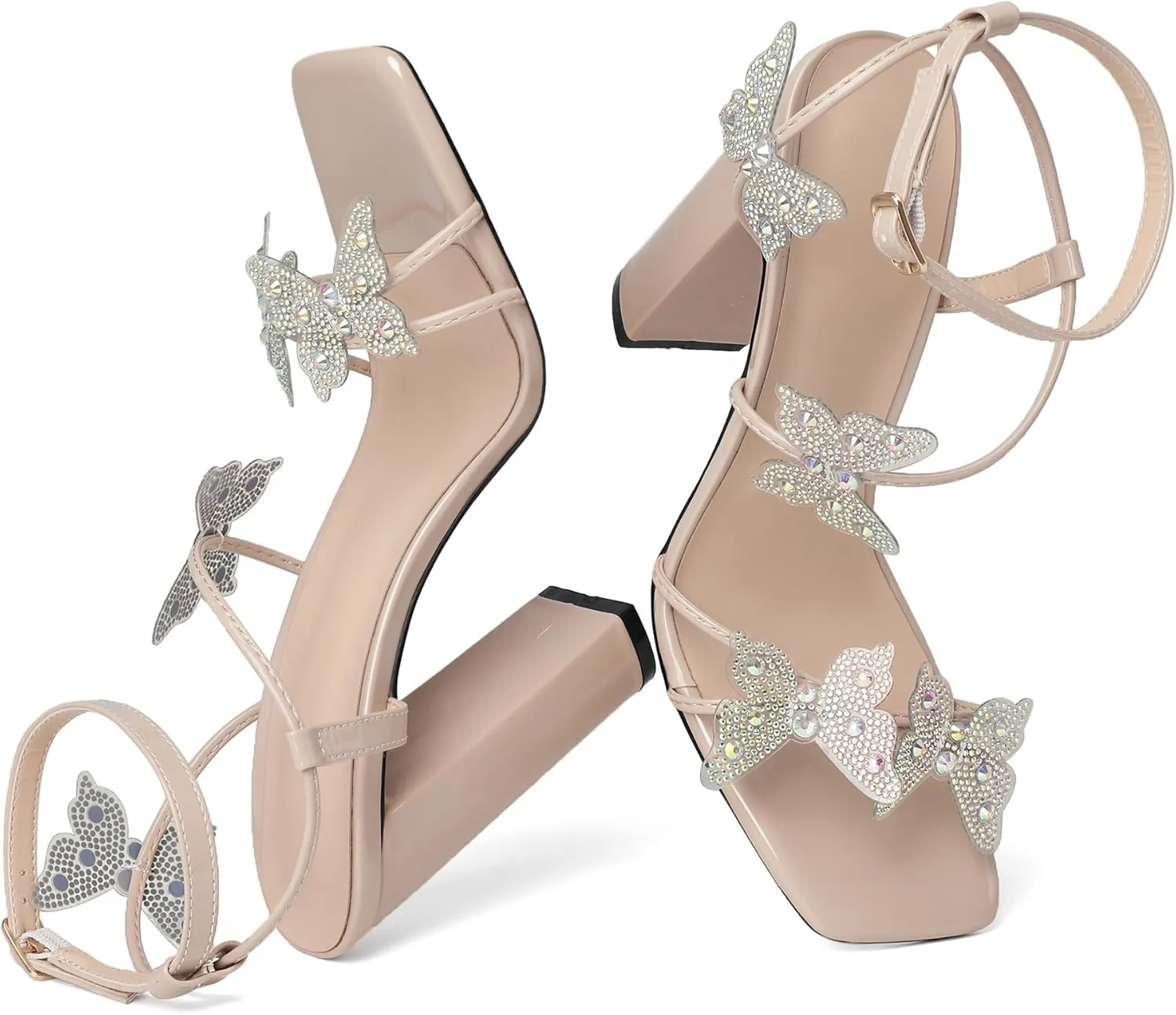 Joseywade Butterfly Heels Sandals Rhinestone Crystal Butterflies Heels Open Square Toe Chunky Block High Heeled 4 Inch Women's Ankle Strap Shoes