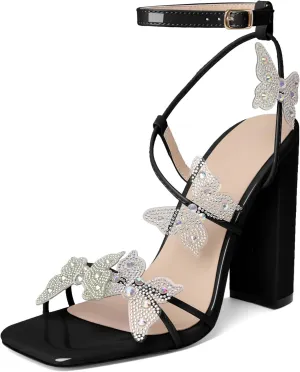 Joseywade Butterfly Heels Sandals Rhinestone Crystal Butterflies Heels Open Square Toe Chunky Block High Heeled 4 Inch Women's Ankle Strap Shoes