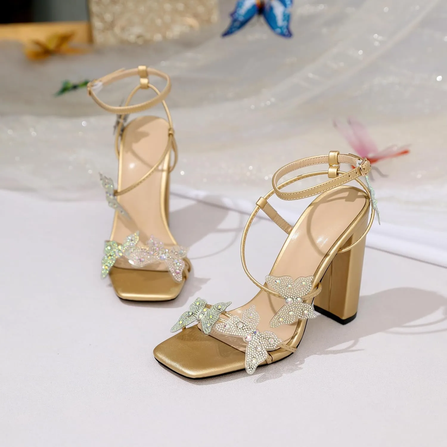 Joseywade Butterfly Heels Sandals Rhinestone Crystal Butterflies Heels Open Square Toe Chunky Block High Heeled 4 Inch Women's Ankle Strap Shoes