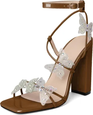 Joseywade Butterfly Heels Sandals Rhinestone Crystal Butterflies Heels Open Square Toe Chunky Block High Heeled 4 Inch Women's Ankle Strap Shoes