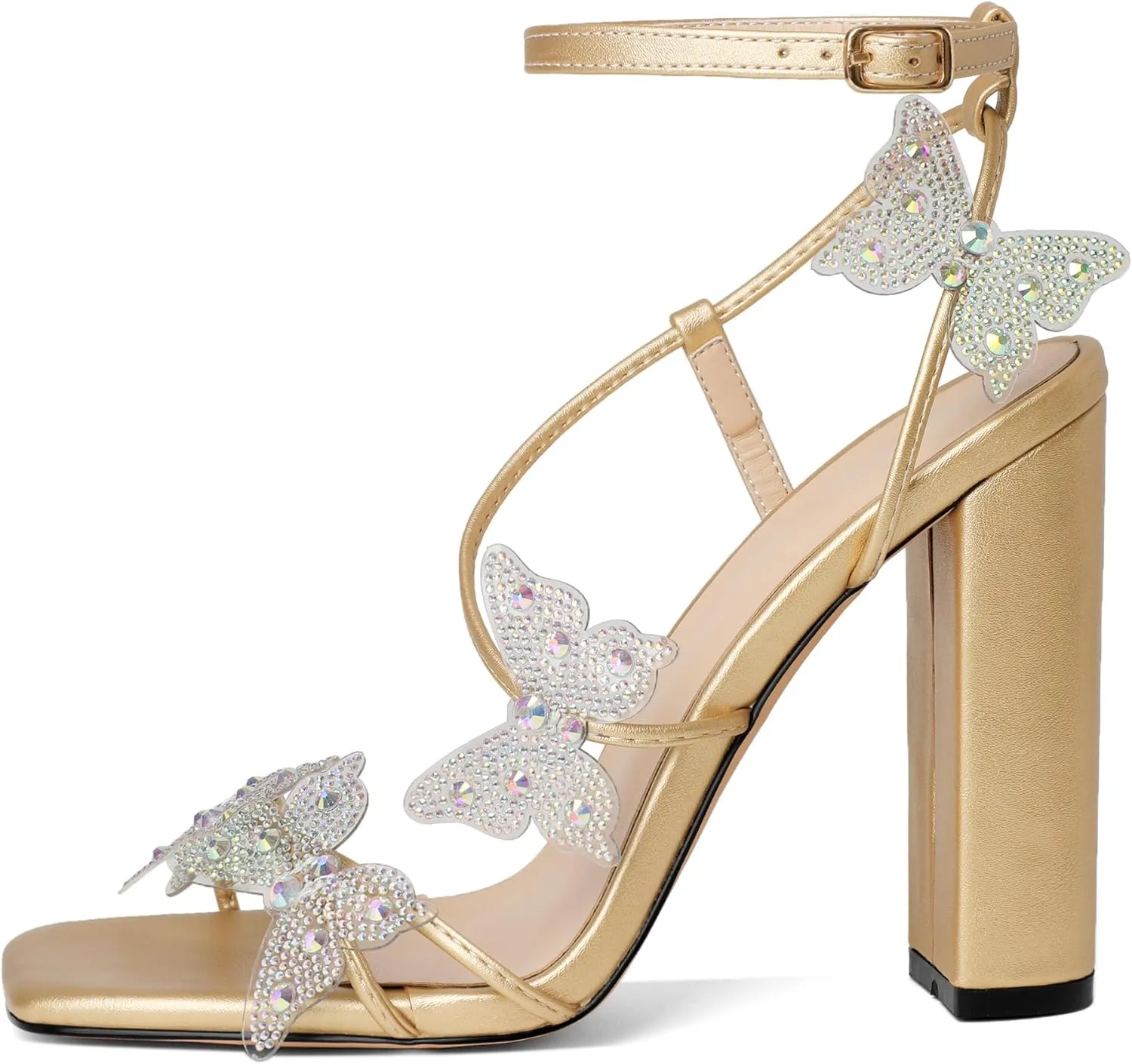 Joseywade Butterfly Heels Sandals Rhinestone Crystal Butterflies Heels Open Square Toe Chunky Block High Heeled 4 Inch Women's Ankle Strap Shoes