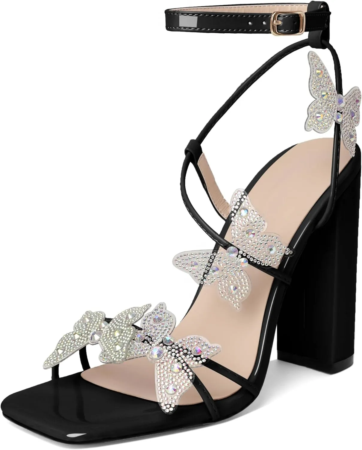 Joseywade Butterfly Heels Sandals Rhinestone Crystal Butterflies Heels Open Square Toe Chunky Block High Heeled 4 Inch Women's Ankle Strap Shoes