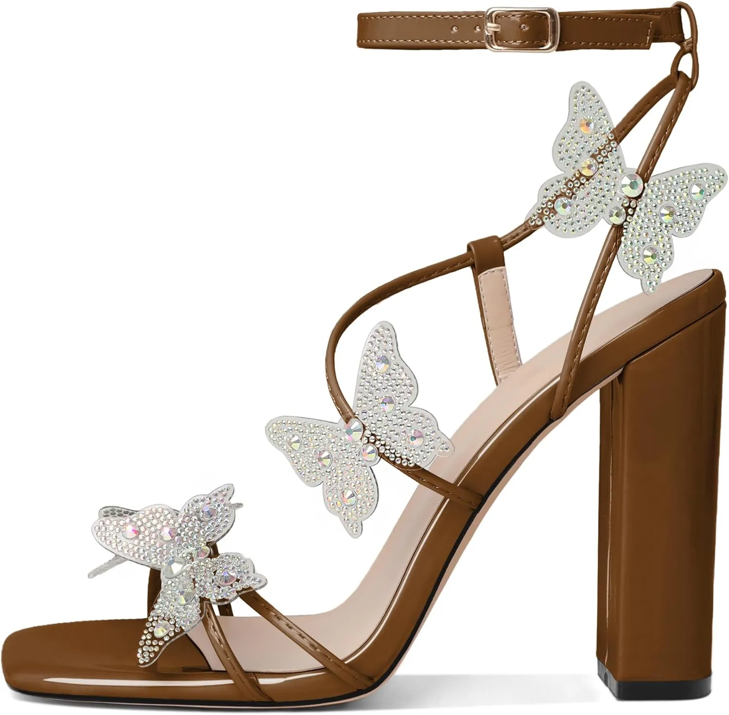 Joseywade Butterfly Heels Sandals Rhinestone Crystal Butterflies Heels Open Square Toe Chunky Block High Heeled 4 Inch Women's Ankle Strap Shoes