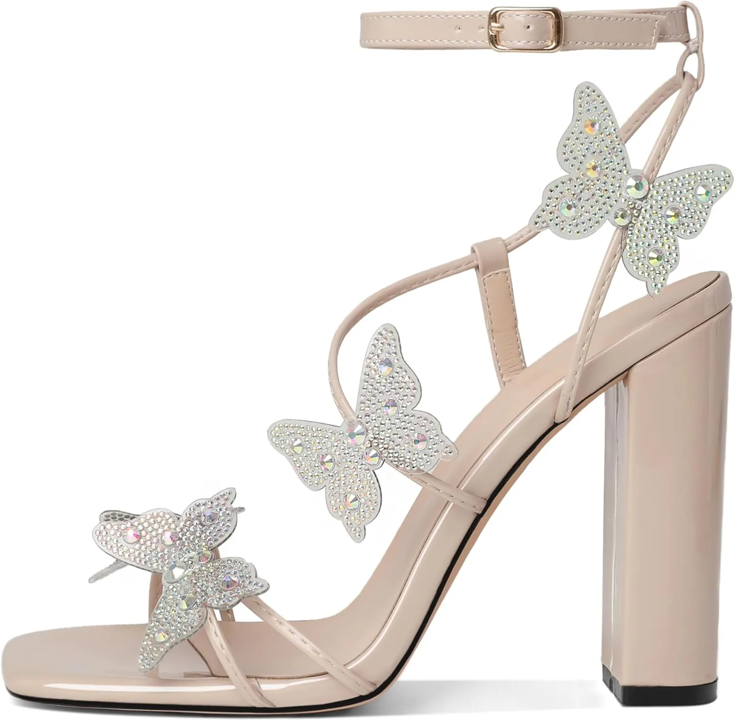 Joseywade Butterfly Heels Sandals Rhinestone Crystal Butterflies Heels Open Square Toe Chunky Block High Heeled 4 Inch Women's Ankle Strap Shoes
