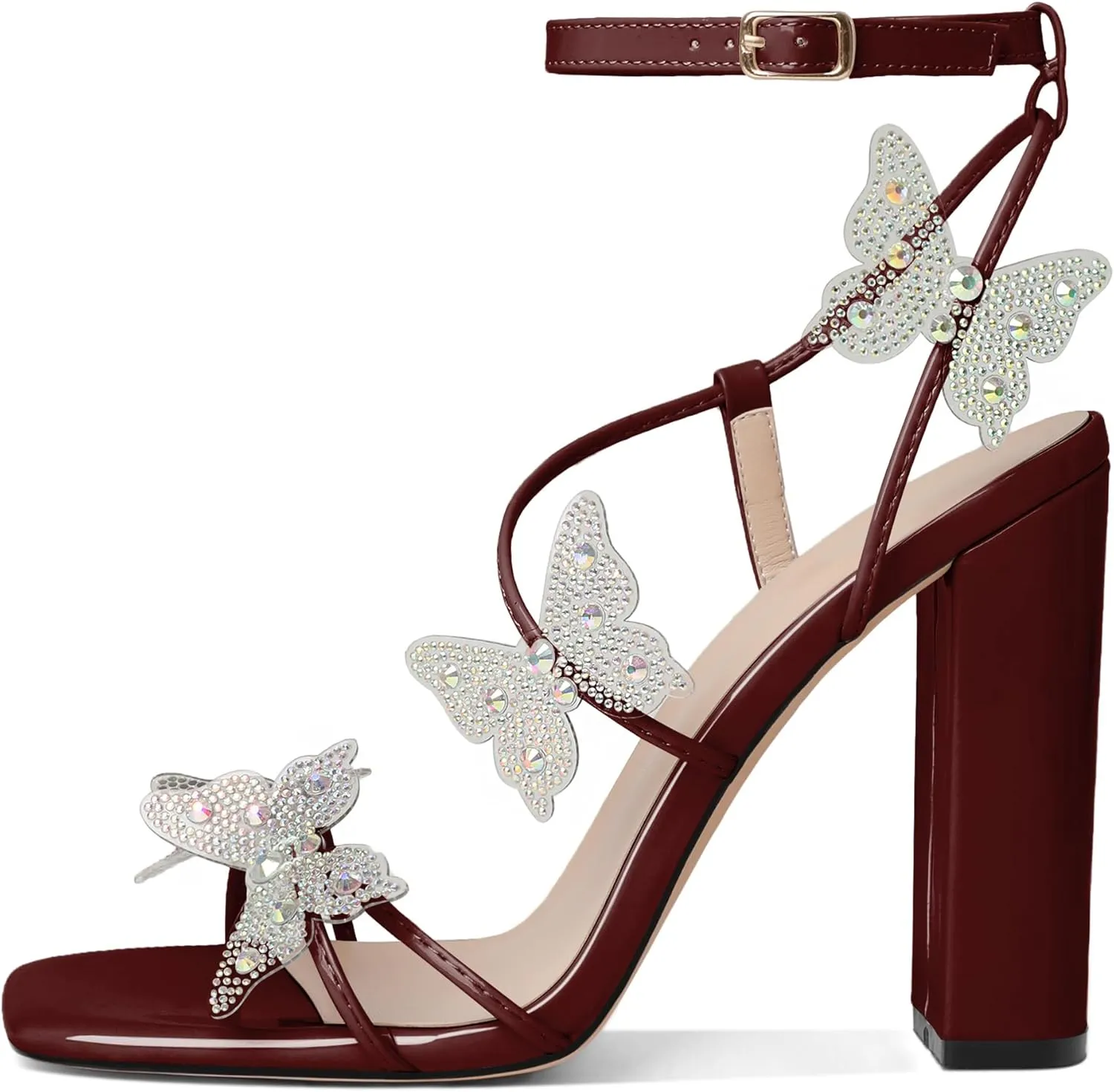 Joseywade Butterfly Heels Sandals Rhinestone Crystal Butterflies Heels Open Square Toe Chunky Block High Heeled 4 Inch Women's Ankle Strap Shoes