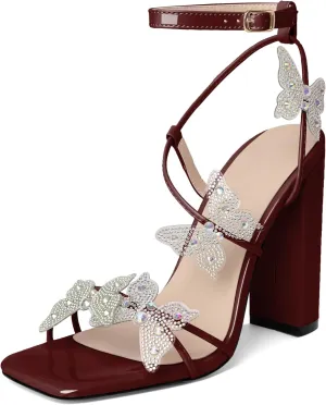Joseywade Butterfly Heels Sandals Rhinestone Crystal Butterflies Heels Open Square Toe Chunky Block High Heeled 4 Inch Women's Ankle Strap Shoes