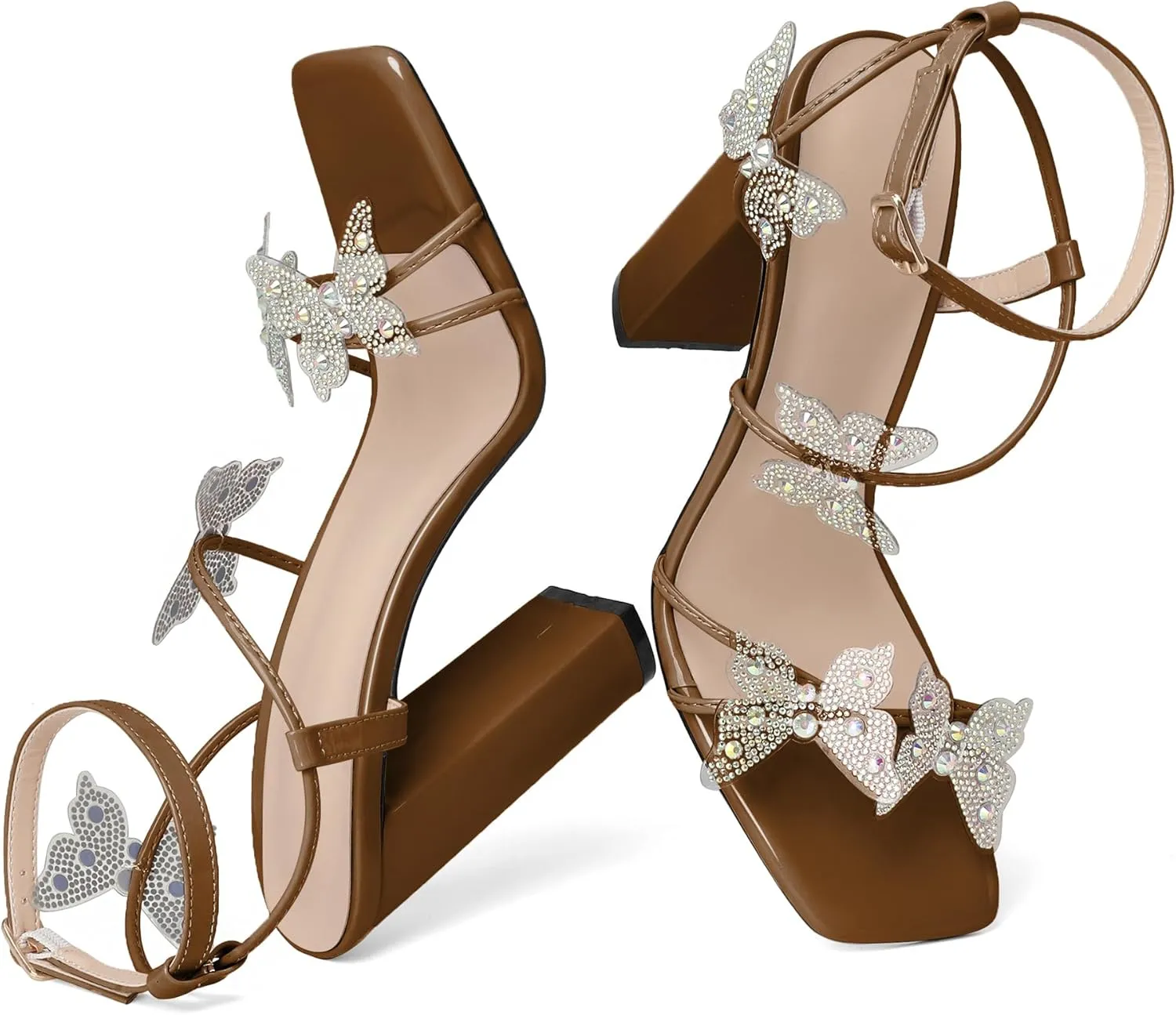 Joseywade Butterfly Heels Sandals Rhinestone Crystal Butterflies Heels Open Square Toe Chunky Block High Heeled 4 Inch Women's Ankle Strap Shoes