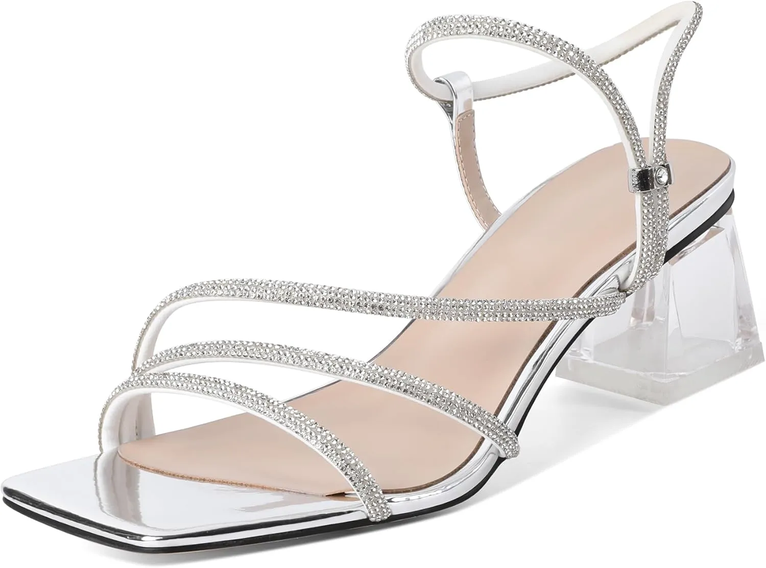 Joseywade Women Clear Heels Rhinestone Strappy Heels Crystal Ankle Strap Open Square Toe Heeled Sandals