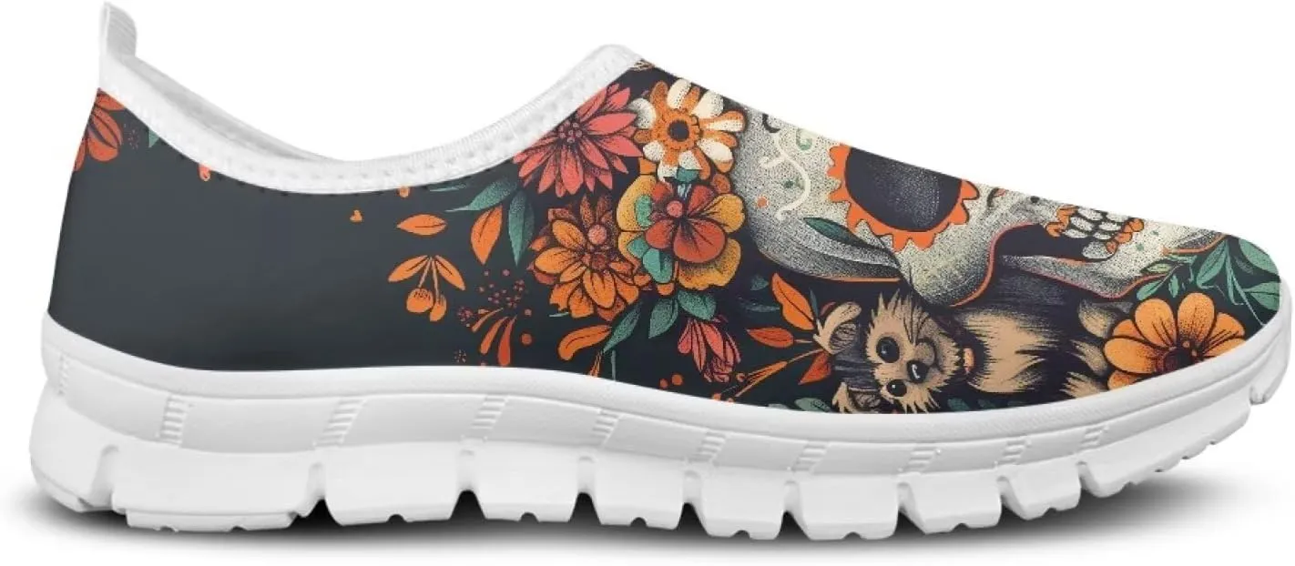 JoyLamoria Womens Floral Skull Print Low Top Lightweight Walking Shoes Girls Go Easy Travel Shoes Art Comfy Sneakers