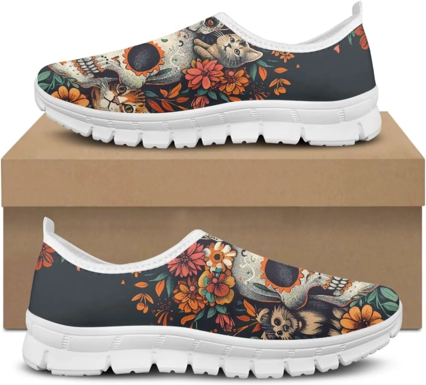 JoyLamoria Womens Floral Skull Print Low Top Lightweight Walking Shoes Girls Go Easy Travel Shoes Art Comfy Sneakers