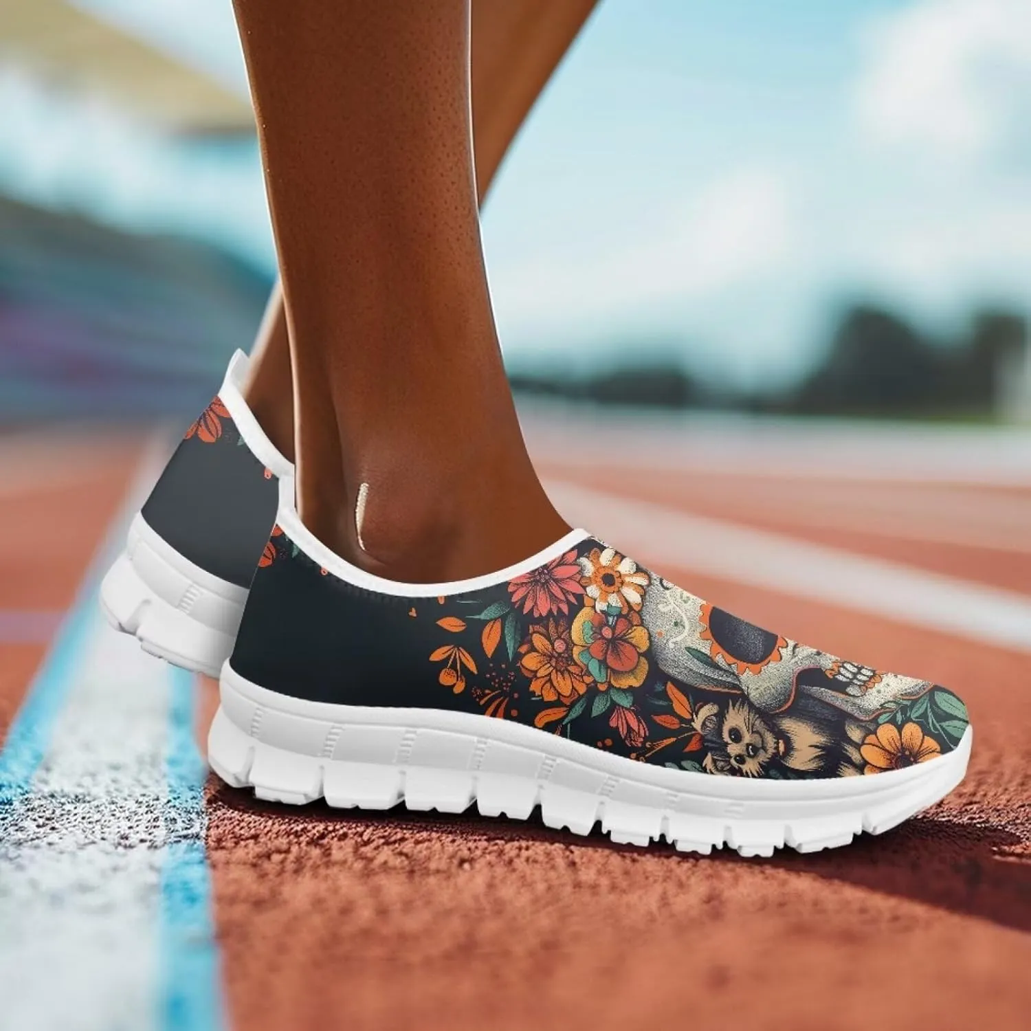 JoyLamoria Womens Floral Skull Print Low Top Lightweight Walking Shoes Girls Go Easy Travel Shoes Art Comfy Sneakers