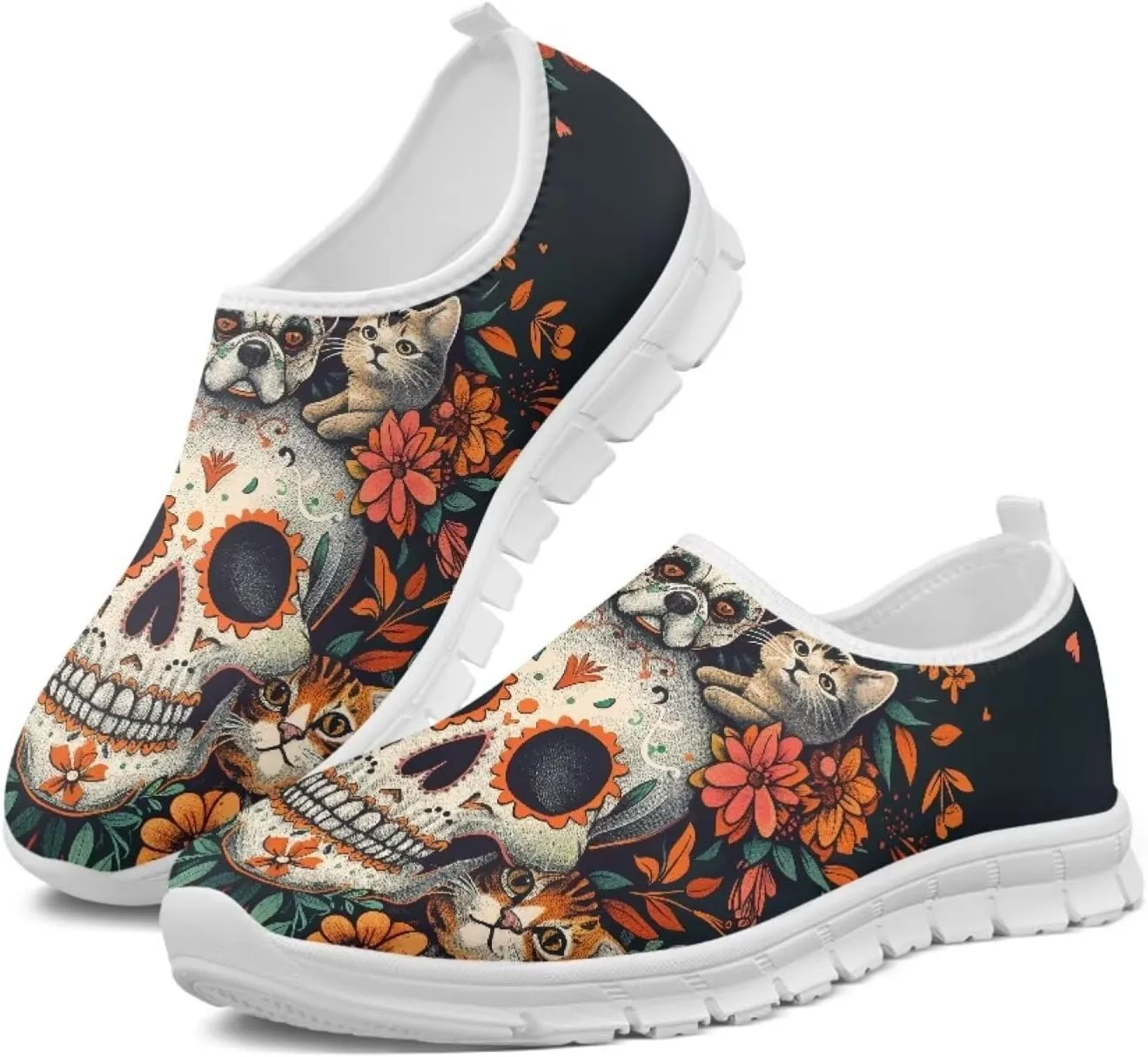 JoyLamoria Womens Floral Skull Print Low Top Lightweight Walking Shoes Girls Go Easy Travel Shoes Art Comfy Sneakers