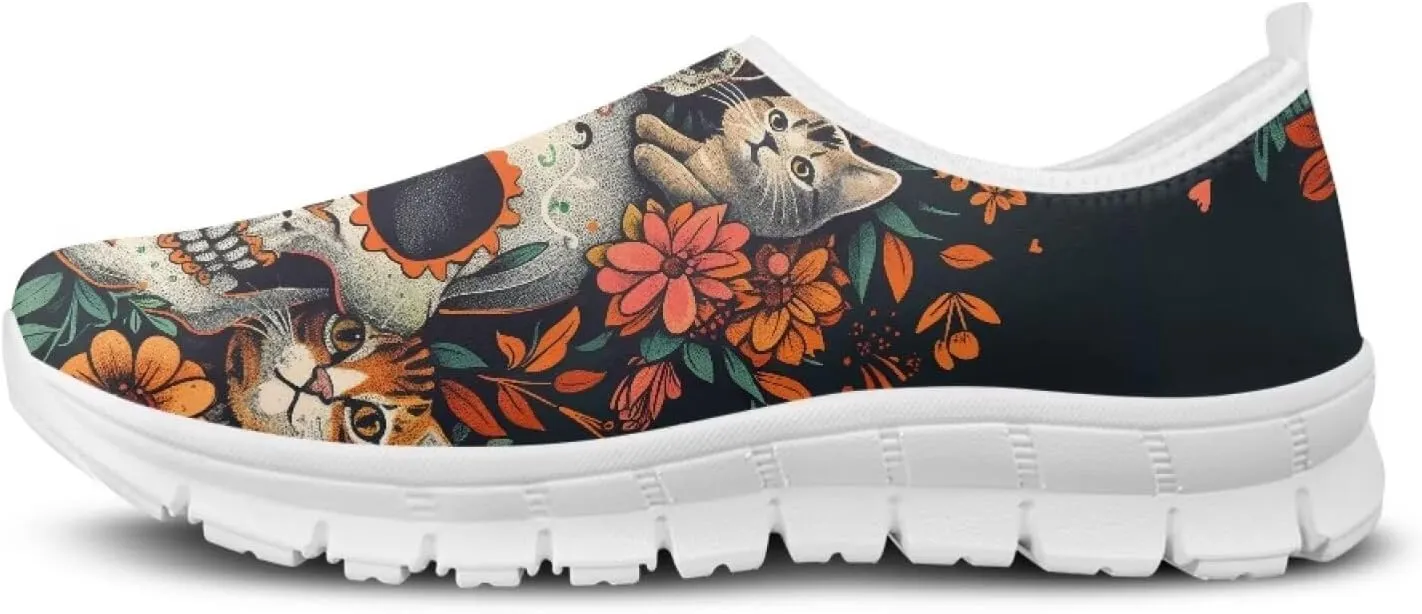 JoyLamoria Womens Floral Skull Print Low Top Lightweight Walking Shoes Girls Go Easy Travel Shoes Art Comfy Sneakers