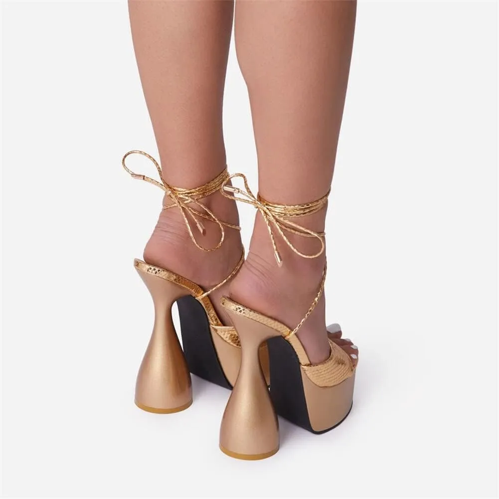 keleimusi Womens Platform Statement Heels Peep Toe Ankle Straps Lace-up Faux Suede Sandals