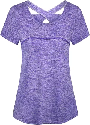 Kimmery Woman Short Sleeve Round Neck Criss Cross Back Yoga Shirt