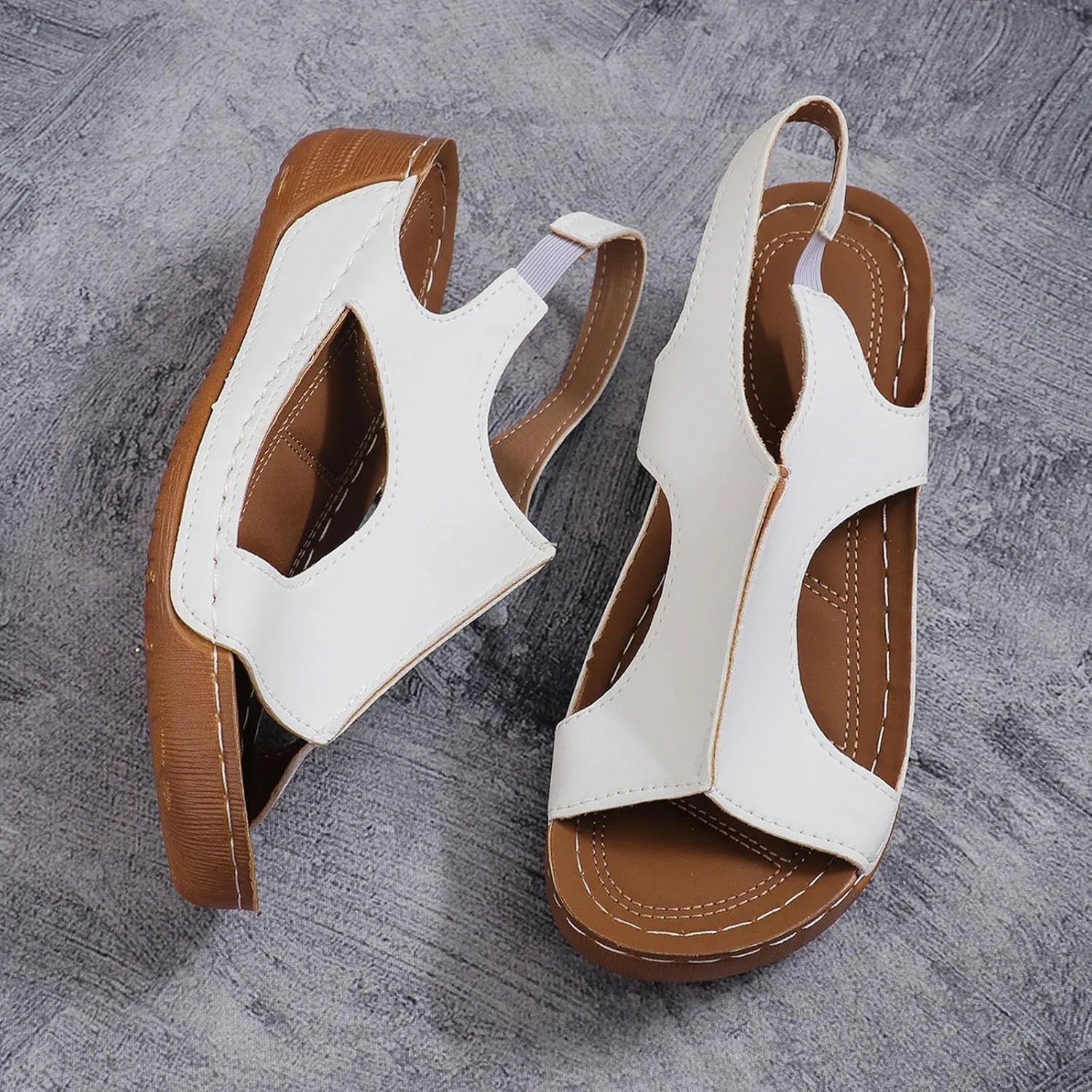 Ladies Summer Retro Pure Colour Leather Slope Heel Thick Bottom Large Size Set Foot Fish Bow Sandals for Women Size 11