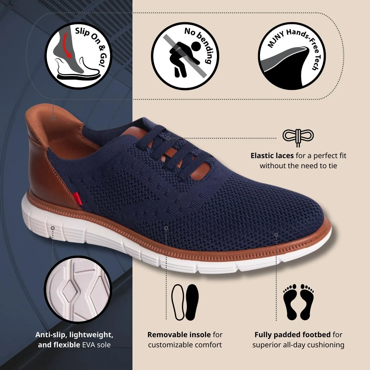 Marc Joseph New York Mens Hands Free Slip On Casual Dress Sneakers Mesh Oxfords Lightweight Breathable Walking Shoes