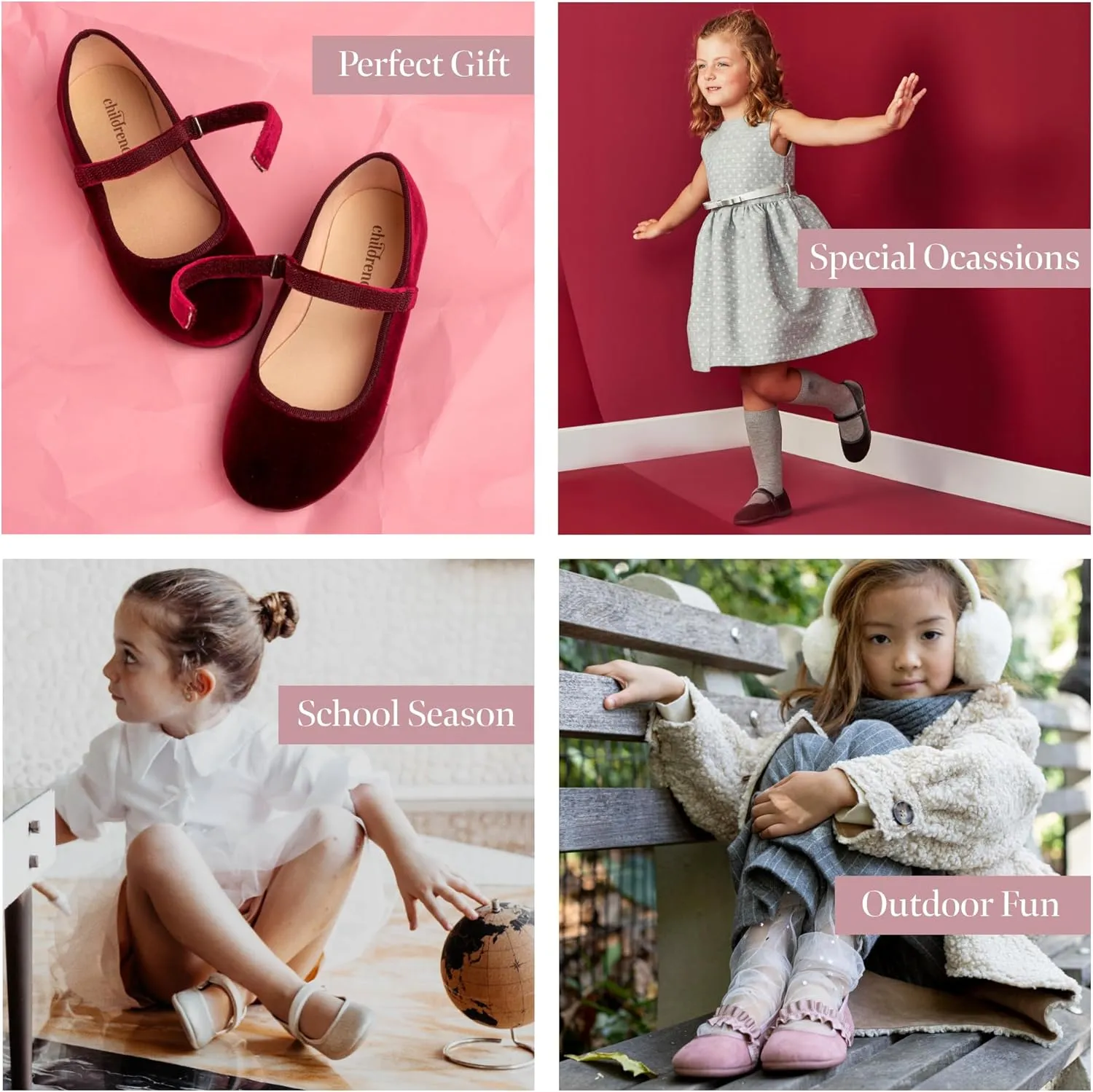 Mary Jane Flats with Hook and Loop Straps – Girls' Shoes for School, Weddings and Casual Wear (Shimmer)