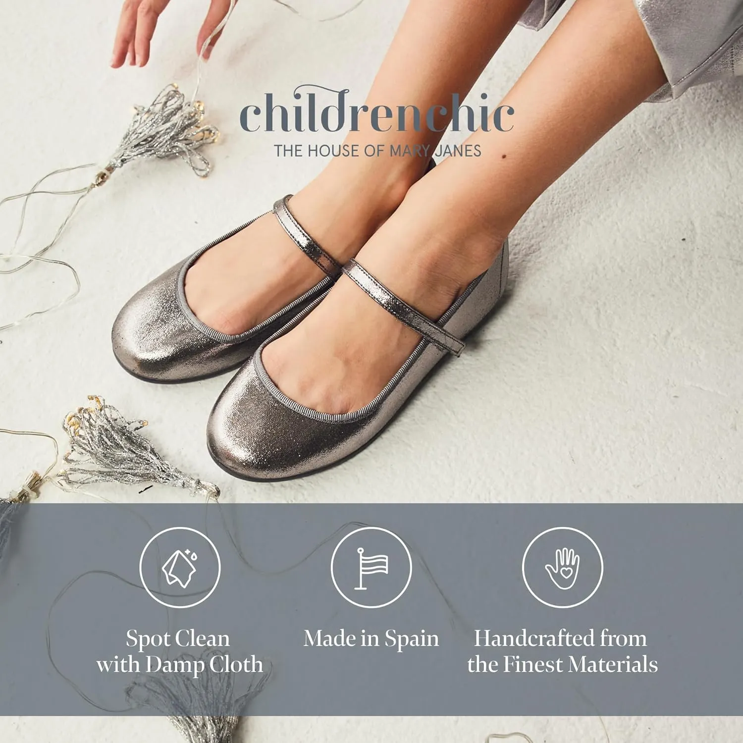Mary Jane Flats with Hook and Loop Straps – Girls' Shoes for School, Weddings and Casual Wear (Shimmer)