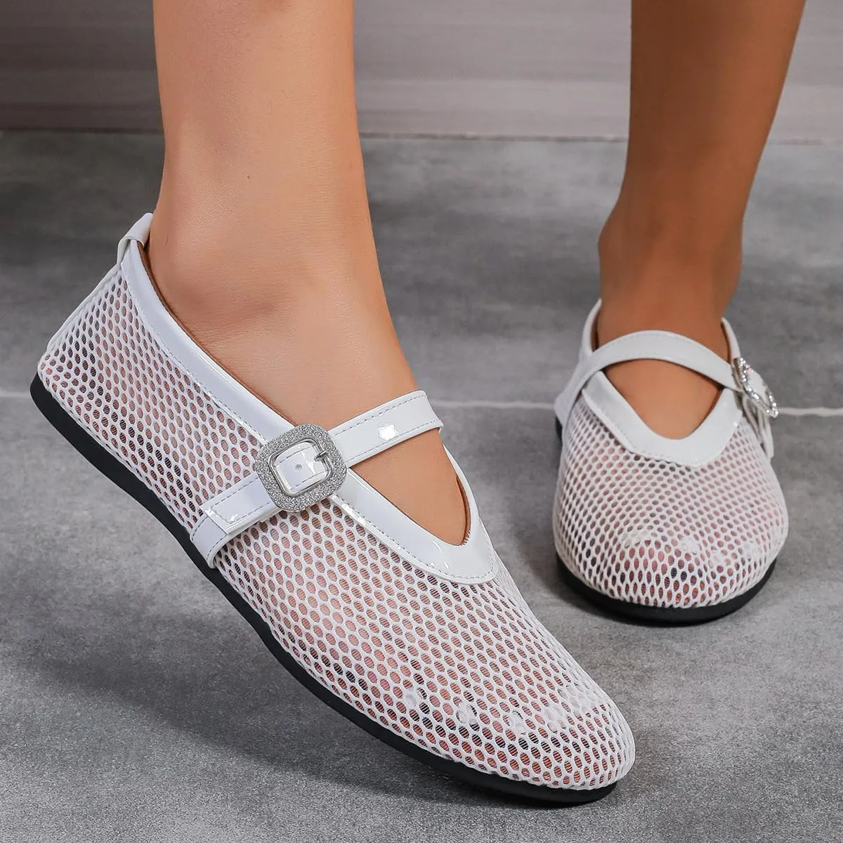 Mary Jane Mesh Ballet Flats Fishnet Flats with Adjustable Buckle Strap Breathable and stylish ballet shoes