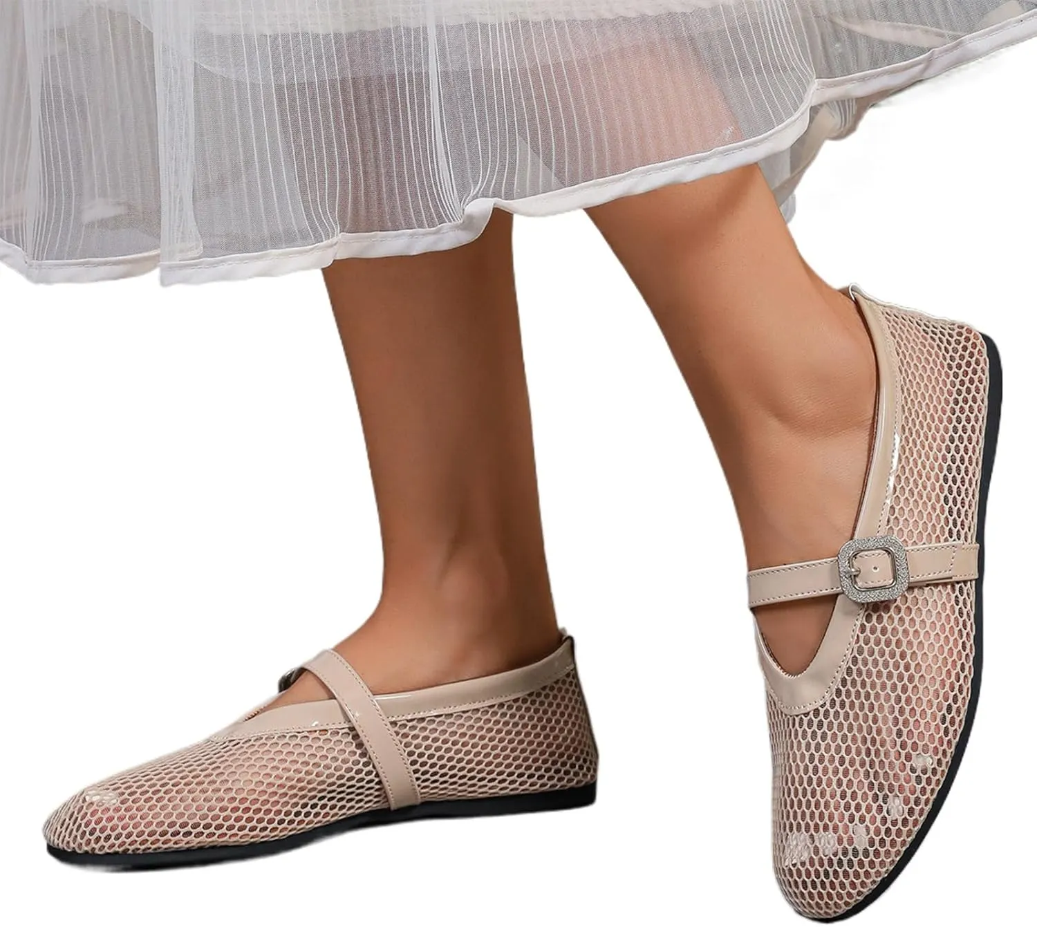 Mary Jane Mesh Ballet Flats Fishnet Flats with Adjustable Buckle Strap Breathable and stylish ballet shoes