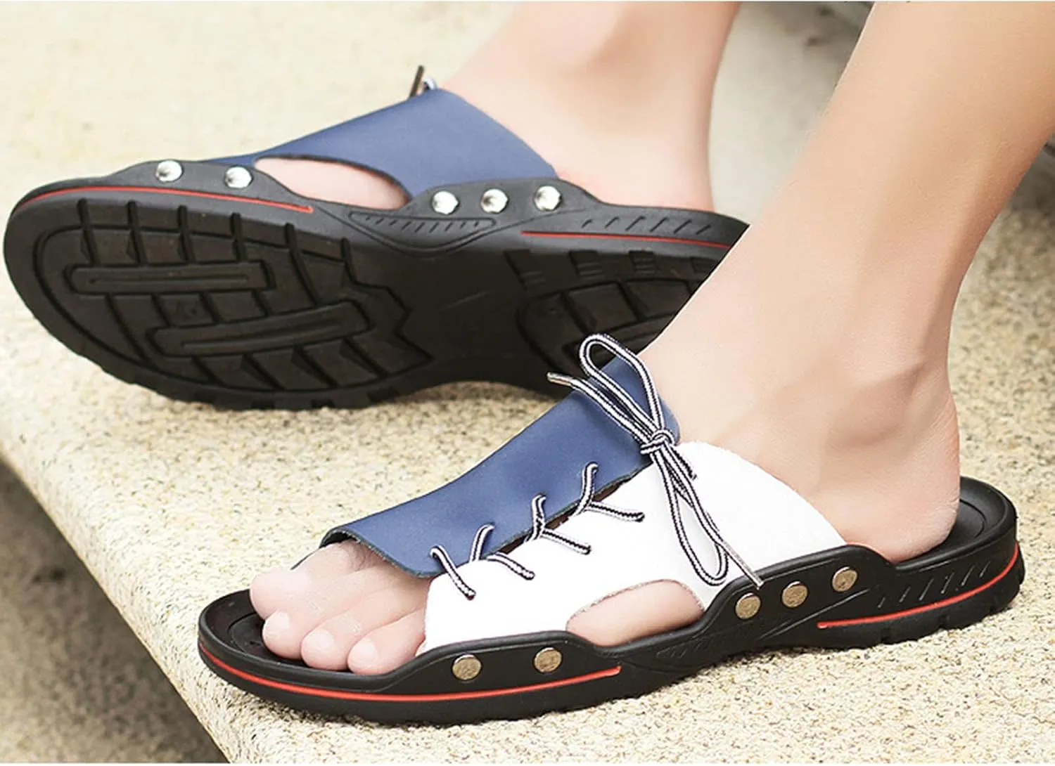 Men's Casual Slippers, Leather Comfortable Outdoor Sandals, Fashion Lightweight Open Toe Beach Shoes for Walking Beach (Black and White 41)